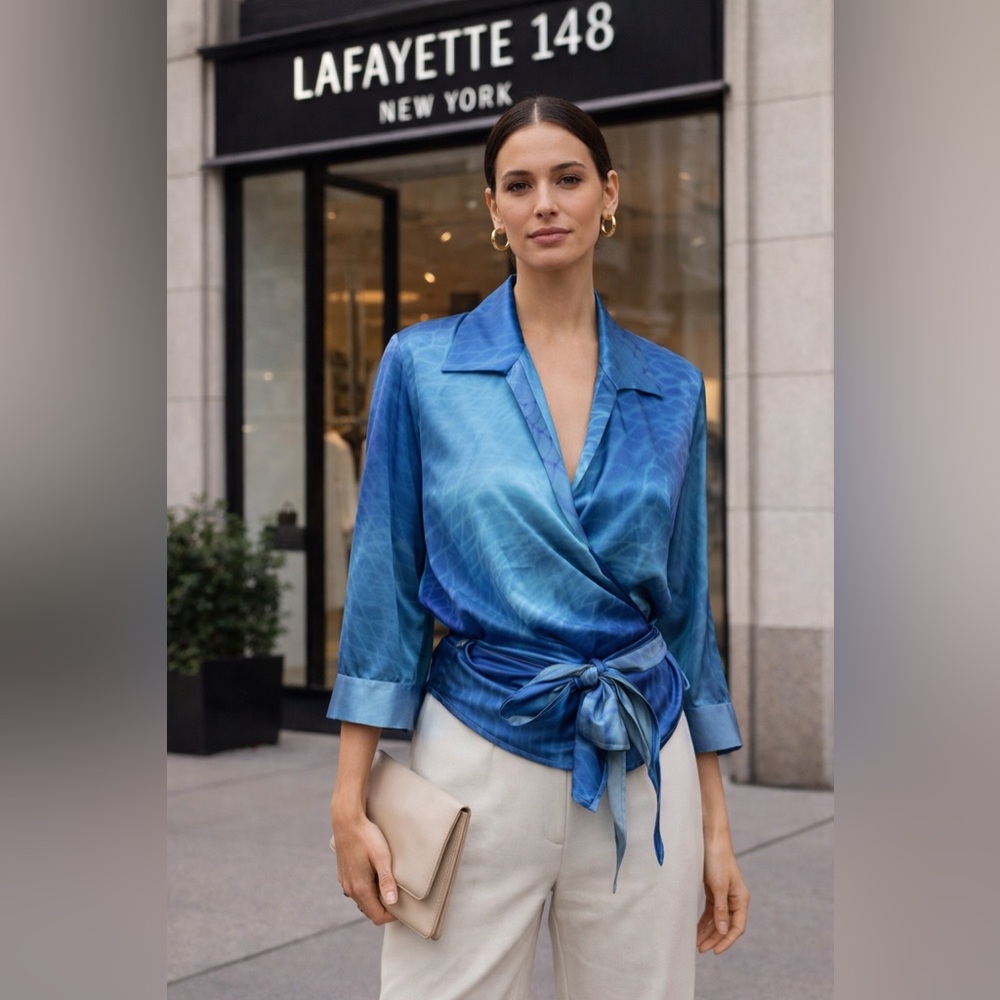 Lafayette 148 New York Tie-Front Blue Patterned Silk Top, Size 16